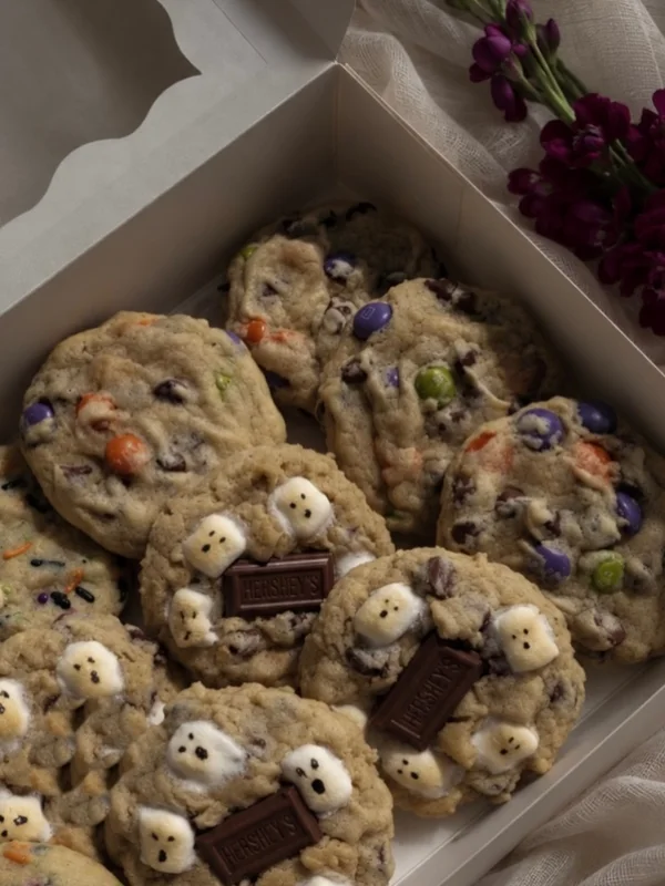 Cookies with chocolate pieces, colorful candy and small character decorations in a bakery box