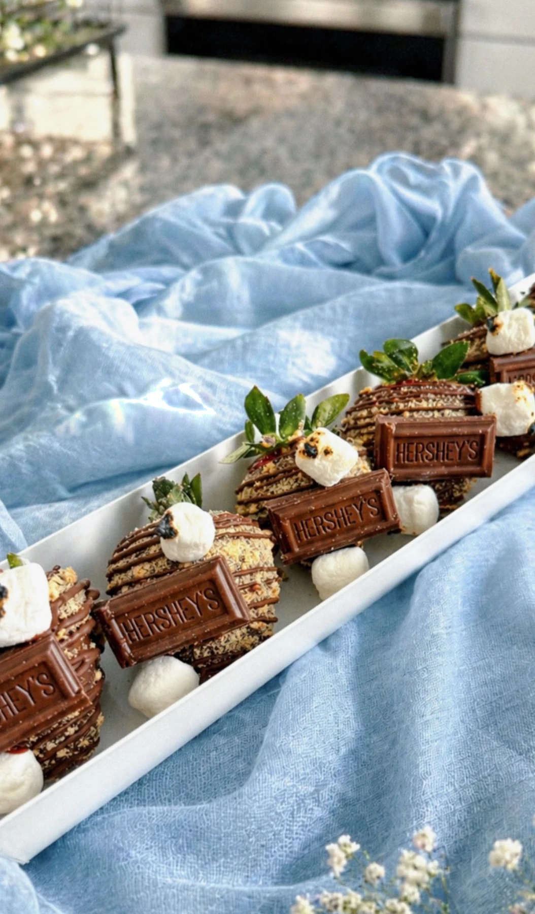 S’mores berries with chocolate bars, graham crumbs and marshmallows